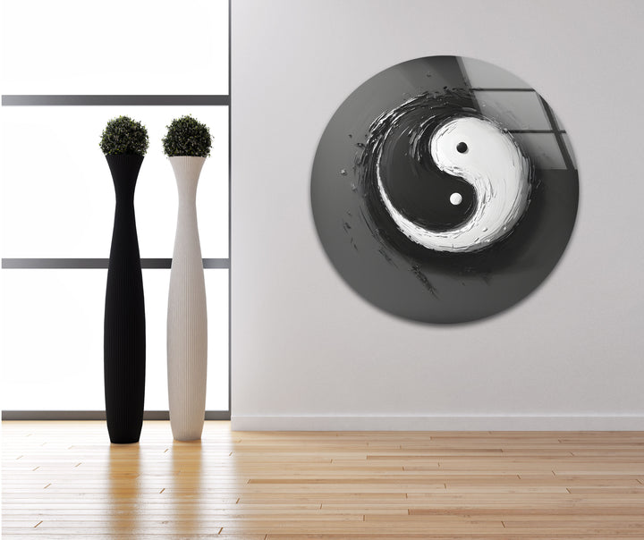 A visually captivating yin-yang brushstroke artwork printed on premium glass wall art for modern interiors.