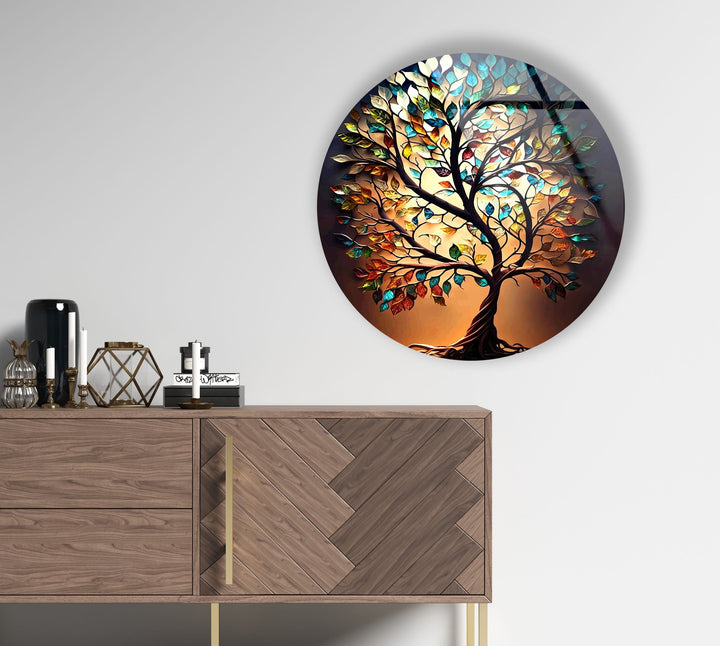 Brown Life of Tree Round Glass Wall Art print picture on glass, Tempered Glass Wall Art
