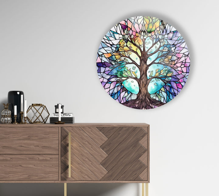 Stained Glass Tree of Life Round Wall Art – Pastel Rainbow Glass Decor