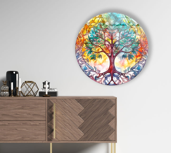 Colorful Tree of Life Round Wall Art – Stained Glass Effect Glass Decor