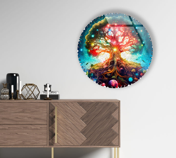 Cosmic Tree of Life Round Wall Art – Vivid Galaxy-Inspired Glass Decor