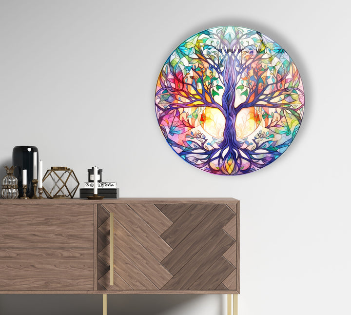 Rainbow Tree of Life Round Wall Art – Stained Glass Style Glass Decor