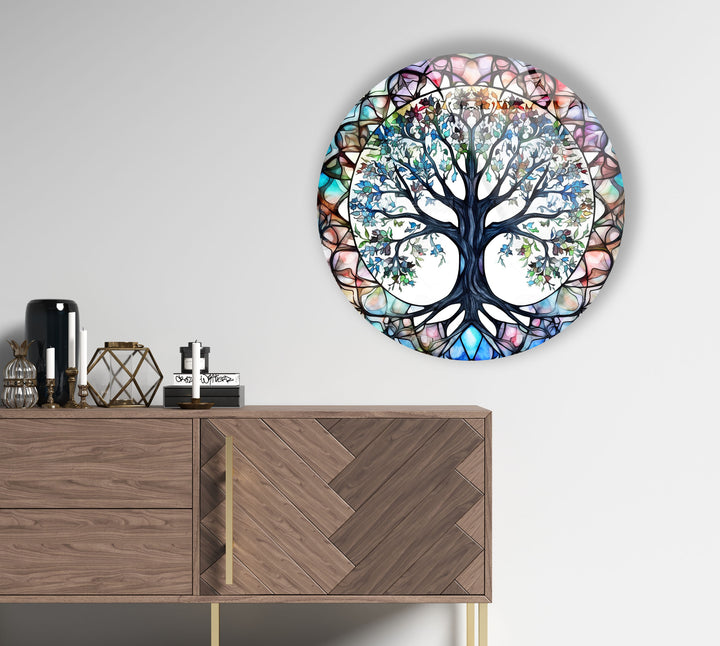 Stained Glass Tree of Life Round Wall Art – Vibrant Symbolic Glass Decor