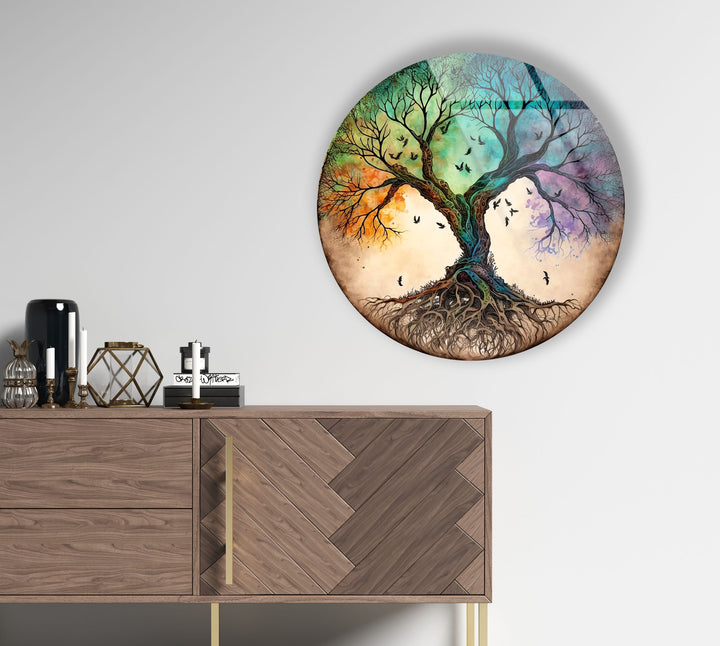 Tree of Life Round Glass Wall Art – Colorful Abstract Roots & Branches Decor