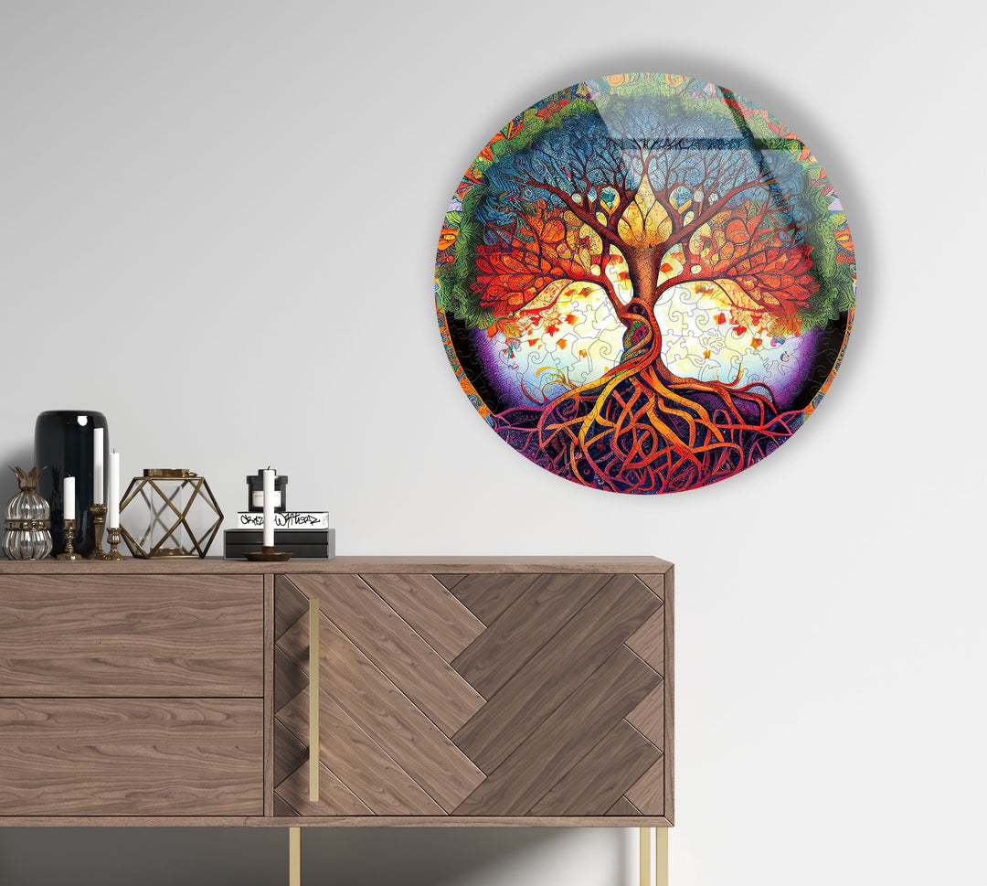 Psychedelischer Lebensbaum, runde Glaswandkunst – lebendige spirituelle Wohndekoration