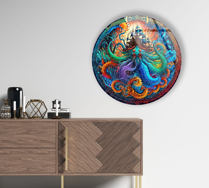 Kraken and Ship Round Wall Art – Mythical Sea Monster Glass Decor for Nautical Fantasy Walls