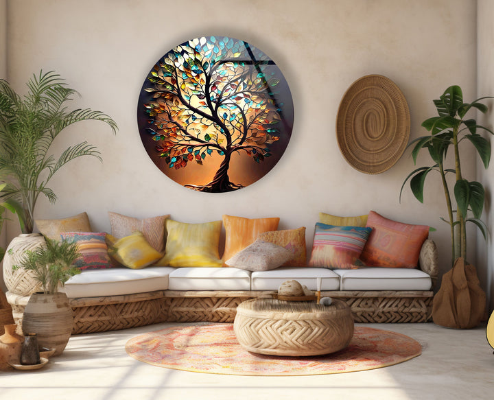 Brown Life of Tree Round Glass Wall Art glass wall decor, glass wall art decor