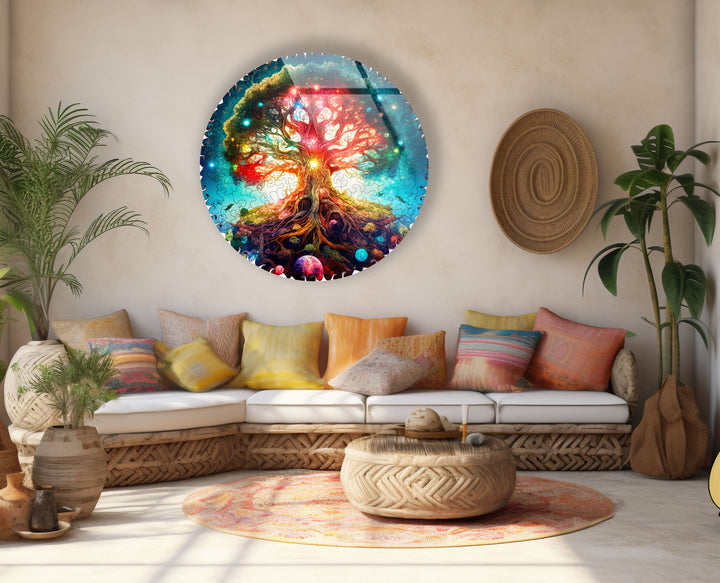Cosmic Tree of Life Round Wall Art – Vivid Galaxy-Inspired Glass Decor