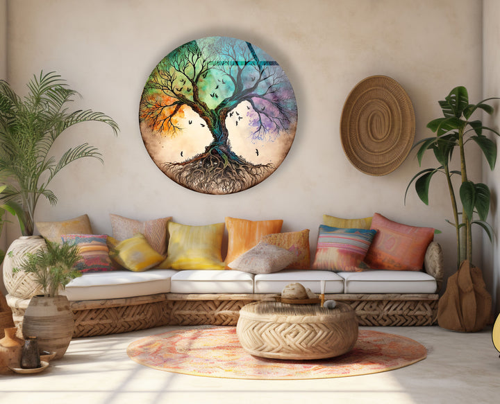 Tree of Life Round Glass Wall Art – Colorful Abstract Roots & Branches Decor