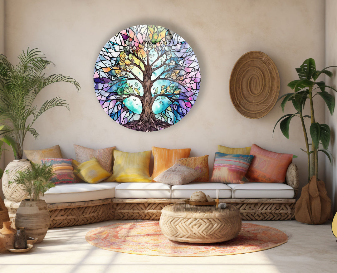 Stained Glass Tree of Life Round Wall Art – Pastel Rainbow Glass Decor
