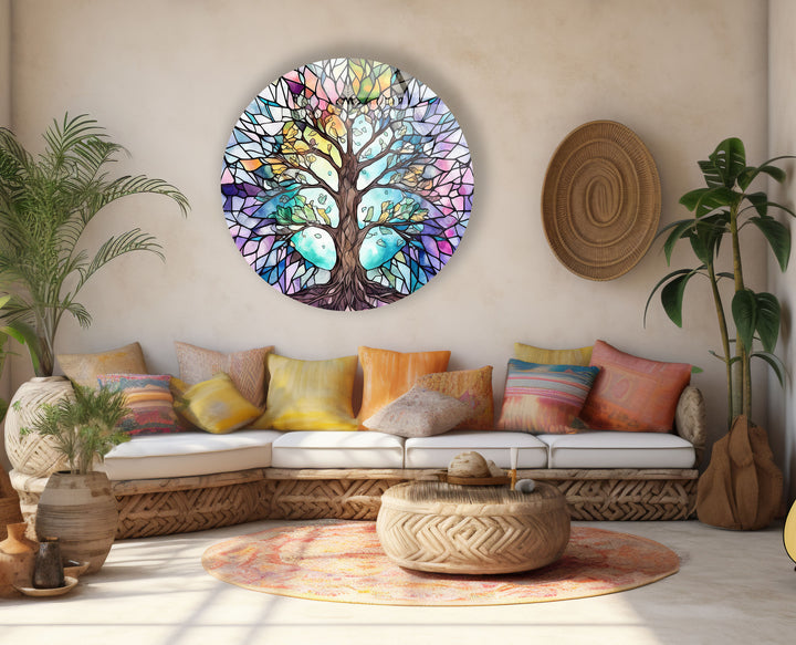 Stained Glass Tree of Life Round Wall Art – Pastel Rainbow Glass Decor