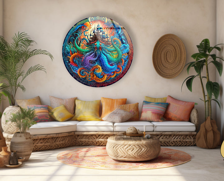 Kraken and Ship Round Wall Art – Mythical Sea Monster Glass Decor for Nautical Fantasy Walls