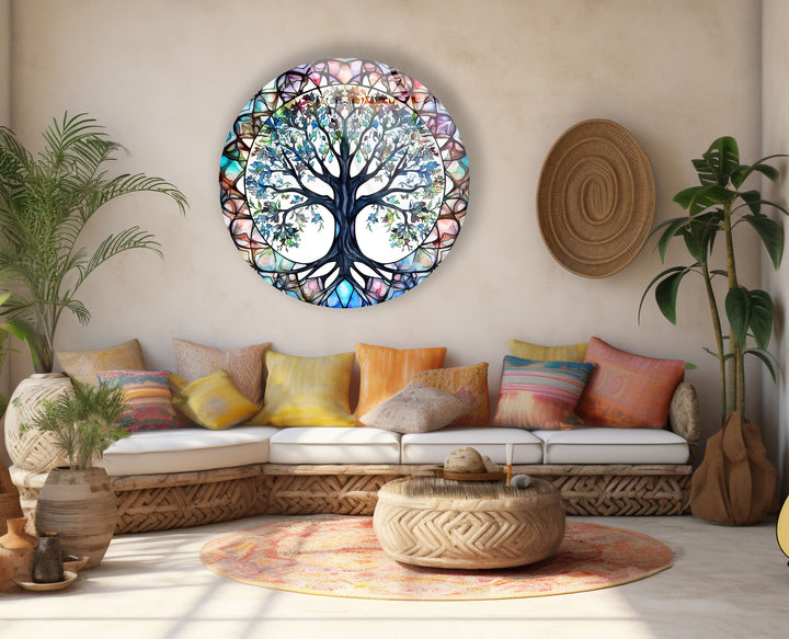 Stained Glass Tree of Life Round Wall Art – Vibrant Symbolic Glass Decor