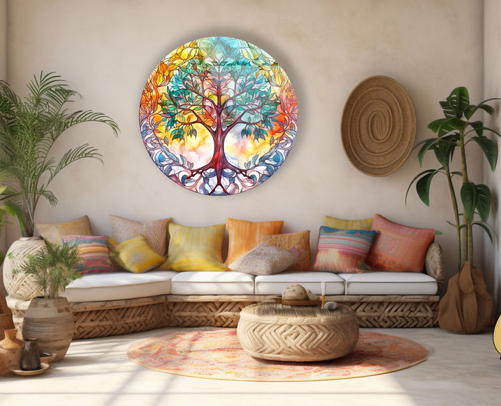 Colorful Tree of Life Round Wall Art – Stained Glass Effect Glass Decor