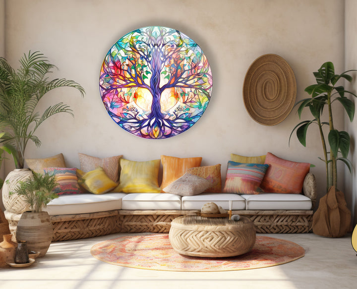 Rainbow Tree of Life Round Wall Art – Stained Glass Style Glass Decor