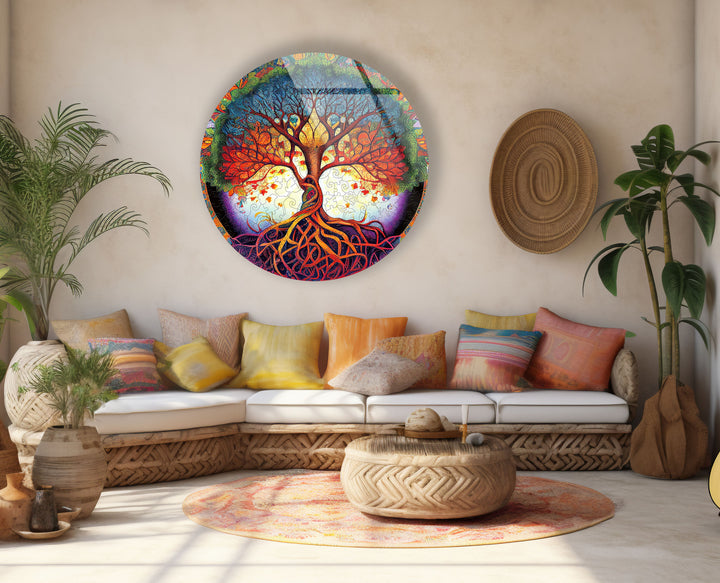 Psychedelischer Lebensbaum, runde Glaswandkunst – lebendige spirituelle Wohndekoration