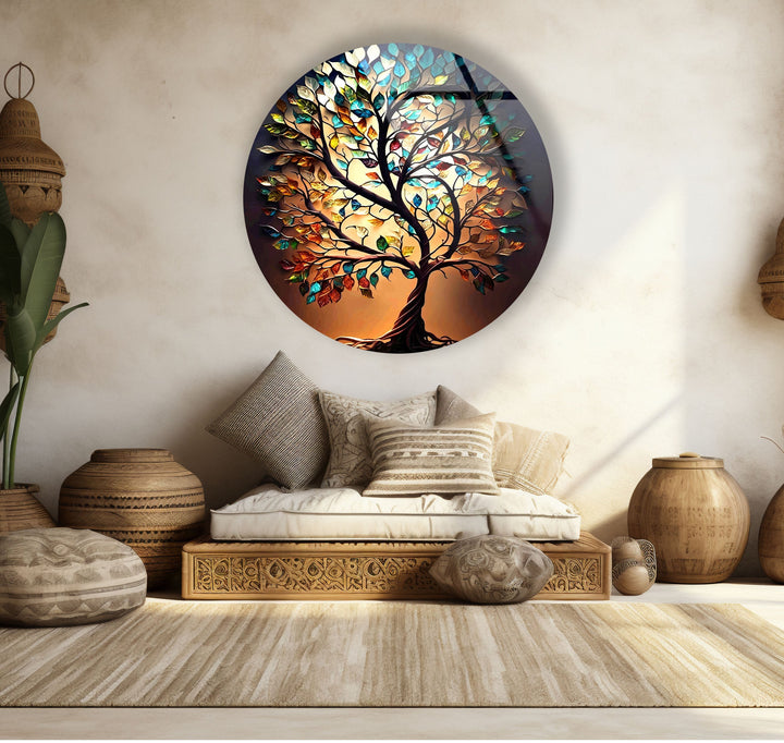 Brown Life of Tree Round Glass Wall Art stained glass wall art, stained glass wall decor