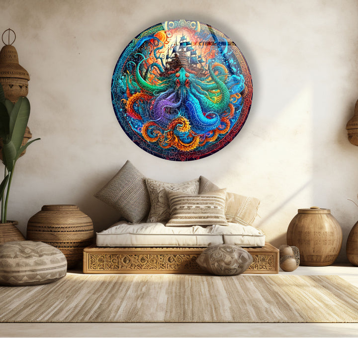 Kraken and Ship Round Wall Art – Mythical Sea Monster Glass Decor for Nautical Fantasy Walls