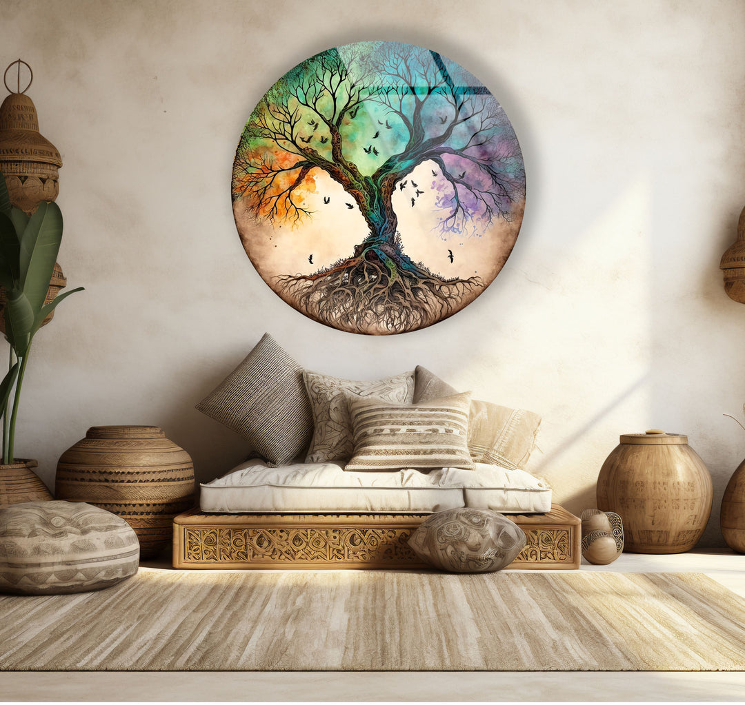 Tree of Life Round Glass Wall Art – Colorful Abstract Roots & Branches Decor