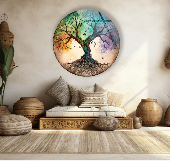 Tree of Life Round Glass Wall Art – Colorful Abstract Roots & Branches Decor