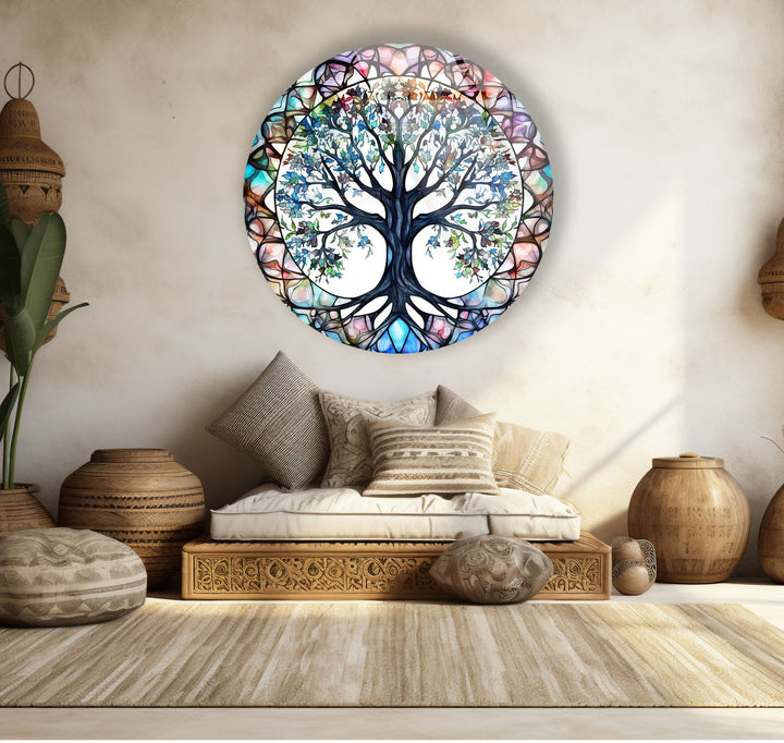 Stained Glass Tree of Life Round Wall Art – Vibrant Symbolic Glass Decor