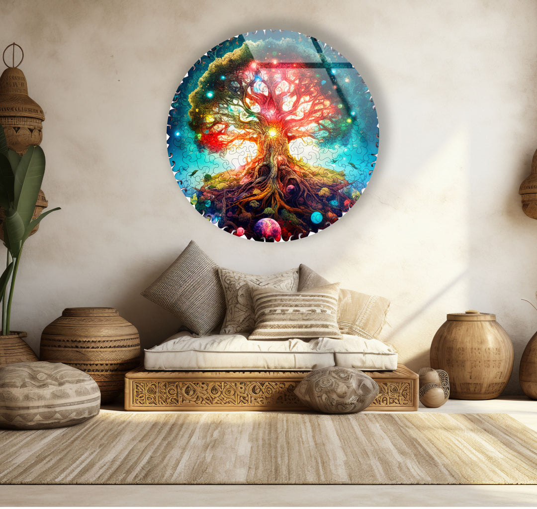 Cosmic Tree of Life Round Wall Art – Vivid Galaxy-Inspired Glass Decor