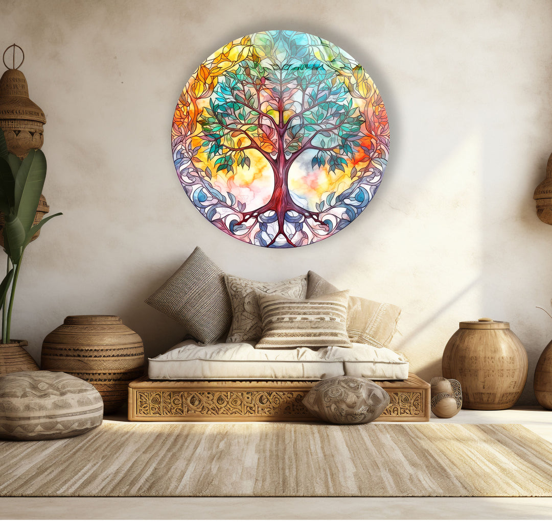 Colorful Tree of Life Round Wall Art – Stained Glass Effect Glass Decor