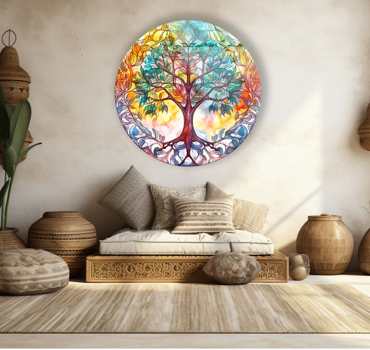 Colorful Tree of Life Round Wall Art – Stained Glass Effect Glass Decor