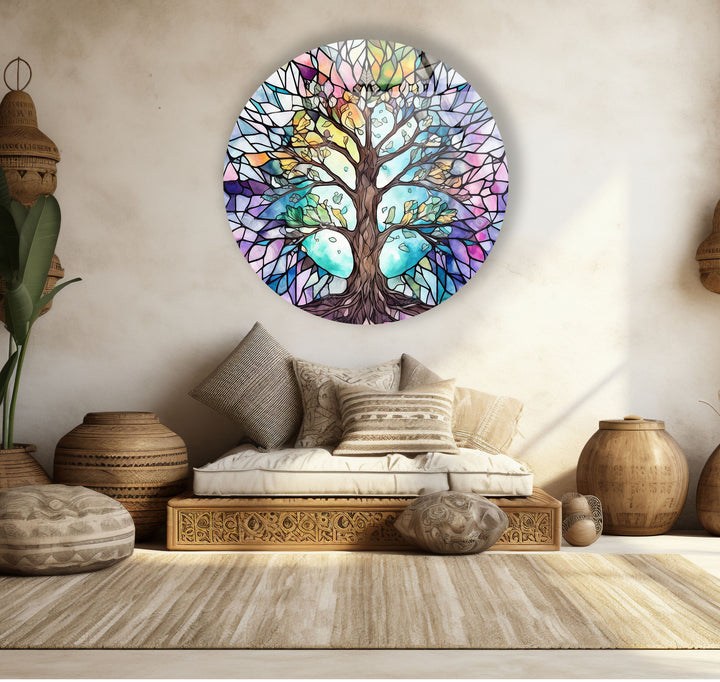 Stained Glass Tree of Life Round Wall Art – Pastel Rainbow Glass Decor