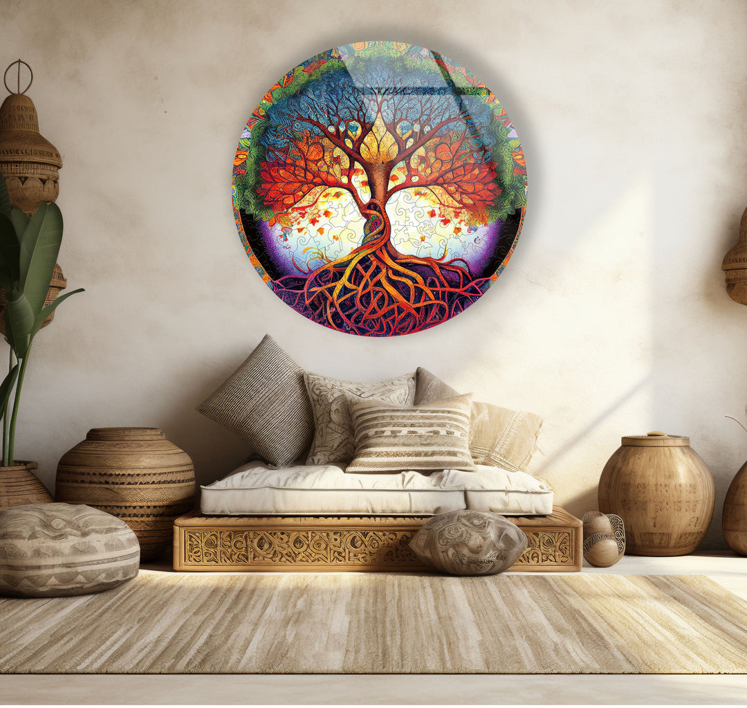 Psychedelischer Lebensbaum, runde Glaswandkunst – lebendige spirituelle Wohndekoration