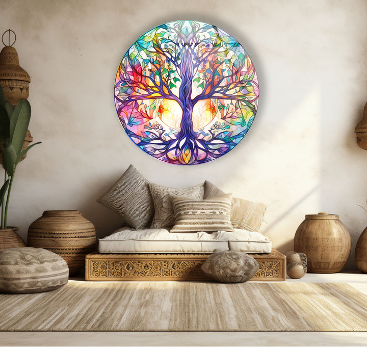 Rainbow Tree of Life Round Wall Art – Stained Glass Style Glass Decor
