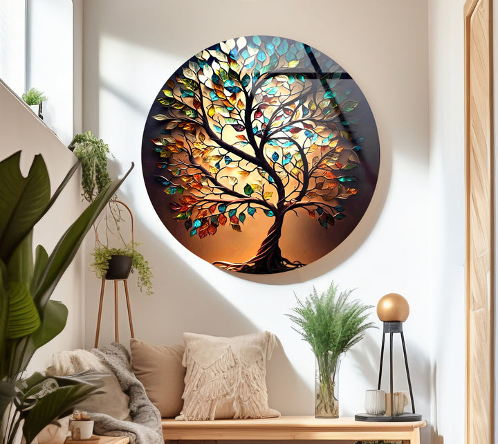 Brown Life of Tree Round Glass Wall Art glass art painting, glass art for the Wall