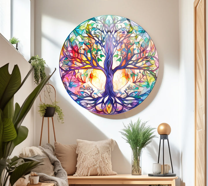 Rainbow Tree of Life Round Wall Art – Stained Glass Style Glass Decor