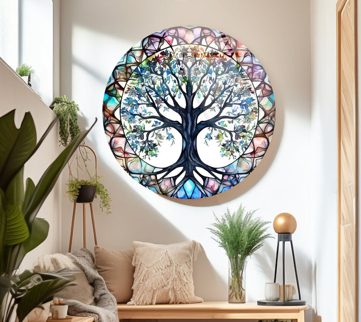 Stained Glass Tree of Life Round Wall Art – Vibrant Symbolic Glass Decor