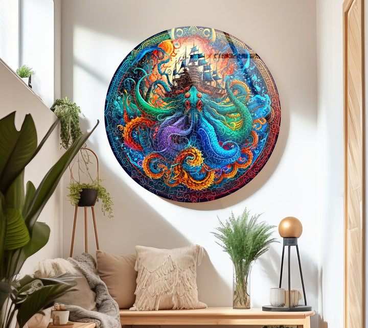 Kraken and Ship Round Wall Art – Mythical Sea Monster Glass Decor for Nautical Fantasy Walls