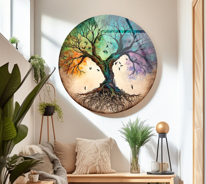 Tree of Life Round Glass Wall Art – Colorful Abstract Roots & Branches Decor