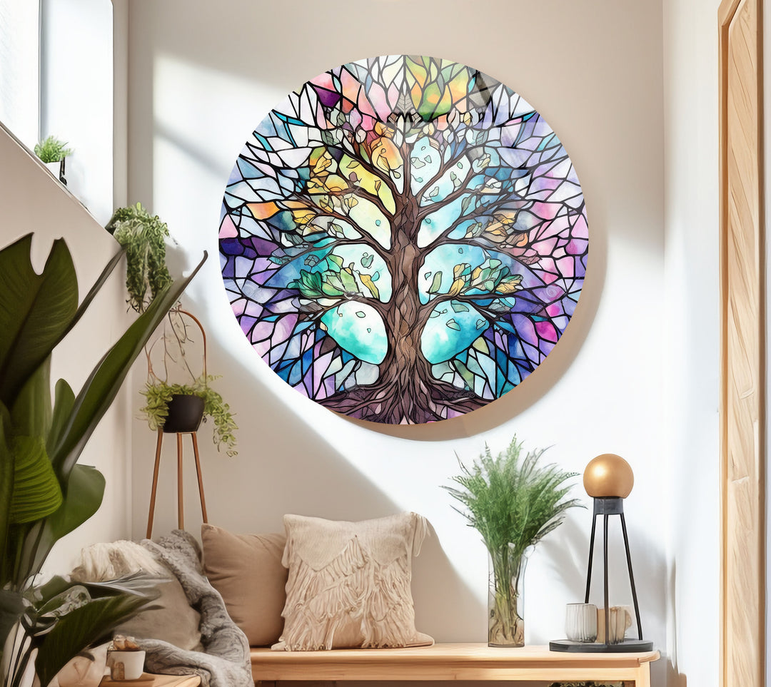 Stained Glass Tree of Life Round Wall Art – Pastel Rainbow Glass Decor