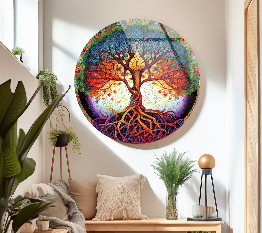 Psychedelischer Lebensbaum, runde Glaswandkunst – lebendige spirituelle Wohndekoration