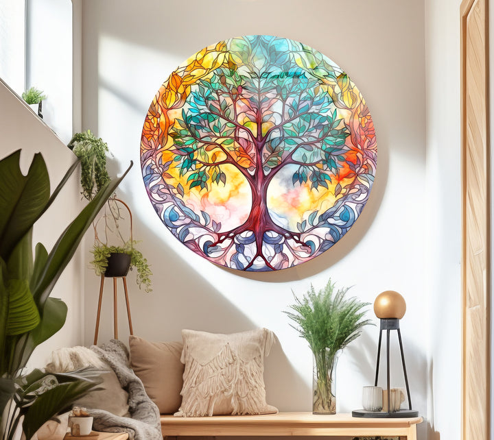 Colorful Tree of Life Round Wall Art – Stained Glass Effect Glass Decor