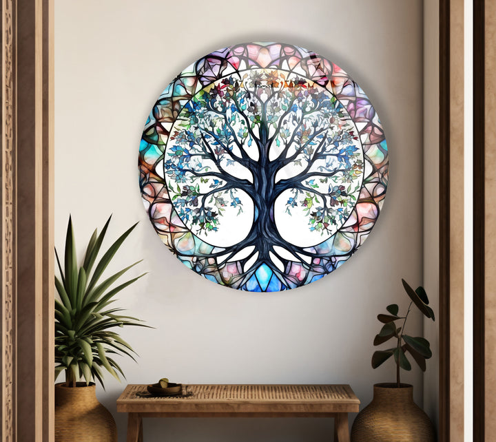 Stained Glass Tree of Life Round Wall Art – Vibrant Symbolic Glass Decor