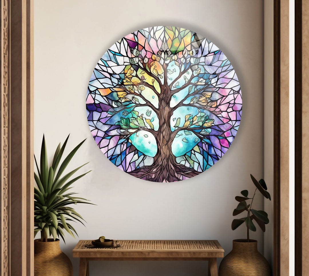 Stained Glass Tree of Life Round Wall Art – Pastel Rainbow Glass Decor
