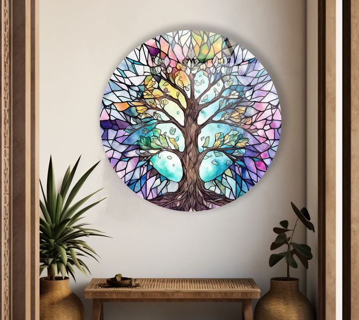 Stained Glass Tree of Life Round Wall Art – Pastel Rainbow Glass Decor