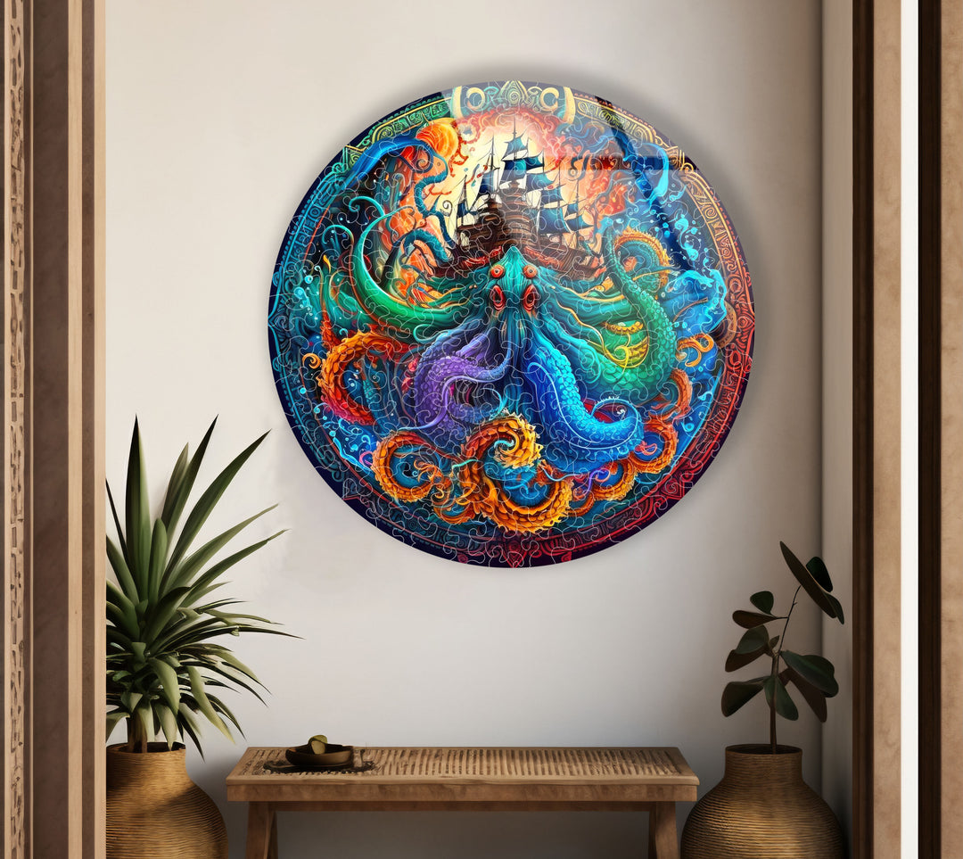 Kraken and Ship Round Wall Art – Mythical Sea Monster Glass Decor for Nautical Fantasy Walls
