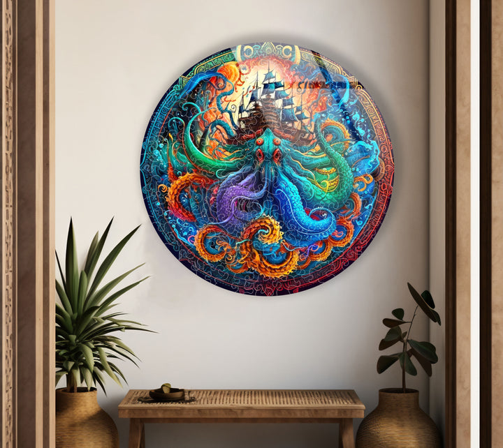 Kraken and Ship Round Wall Art – Mythical Sea Monster Glass Decor for Nautical Fantasy Walls