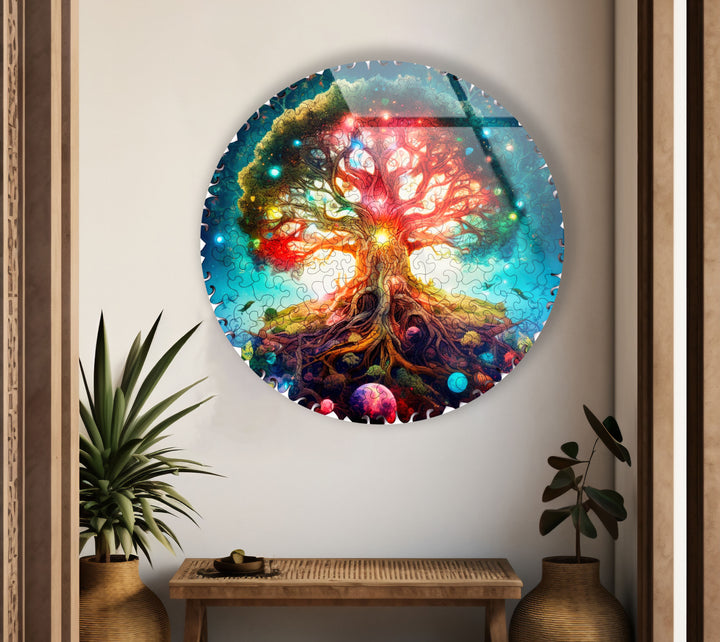 Cosmic Tree of Life Round Wall Art – Vivid Galaxy-Inspired Glass Decor