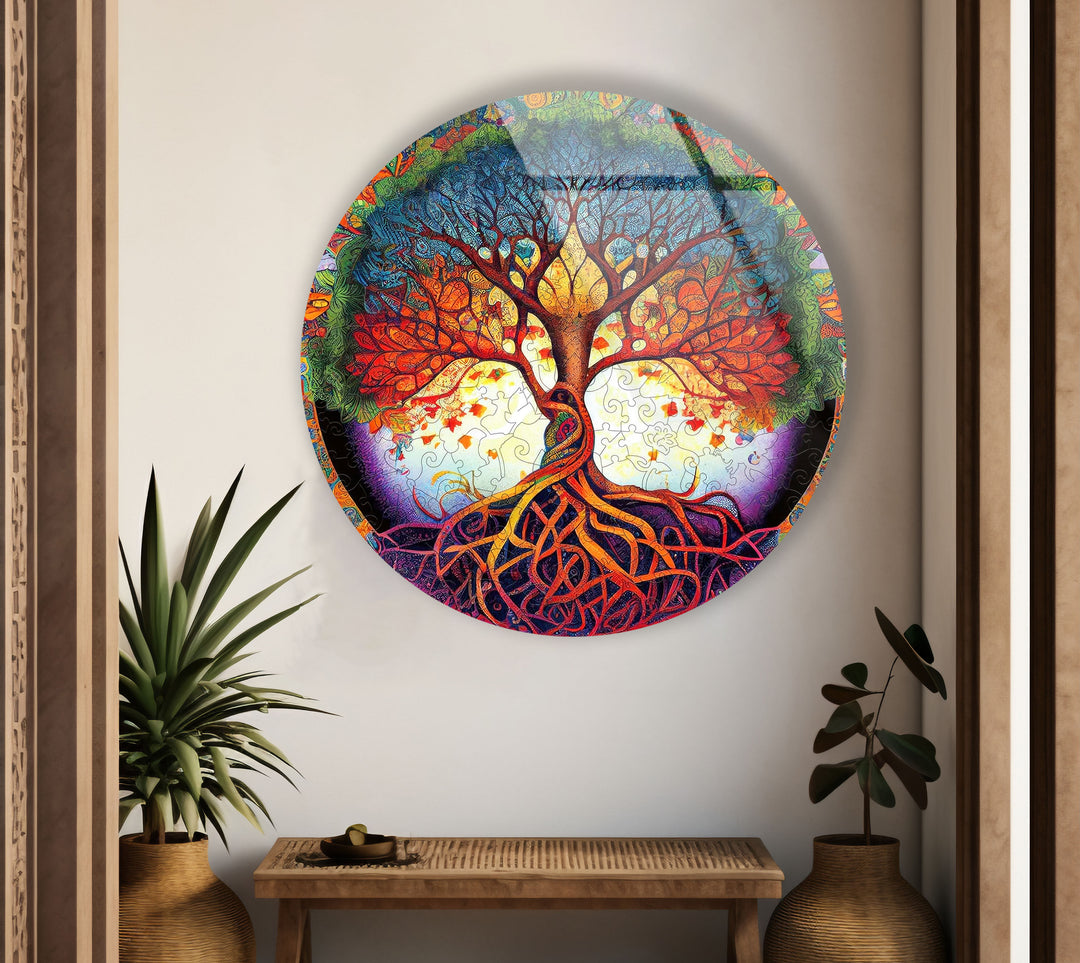 Psychedelischer Lebensbaum, runde Glaswandkunst – lebendige spirituelle Wohndekoration