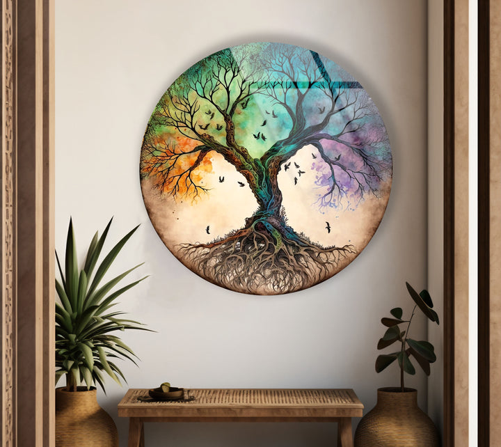 Tree of Life Round Glass Wall Art – Colorful Abstract Roots & Branches Decor