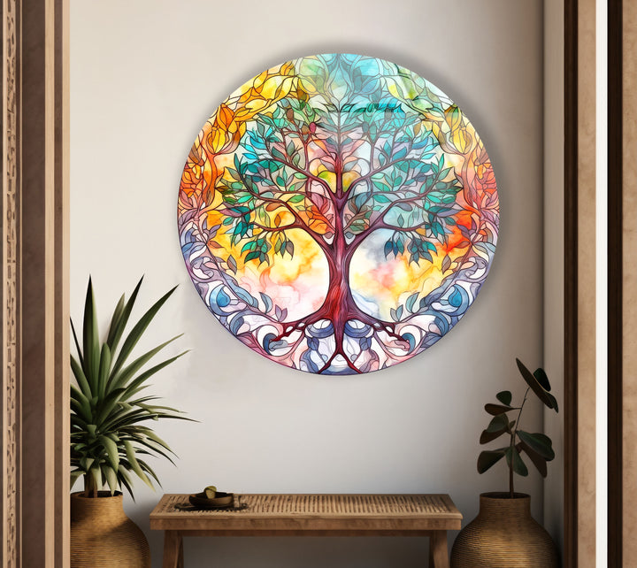 Colorful Tree of Life Round Wall Art – Stained Glass Effect Glass Decor