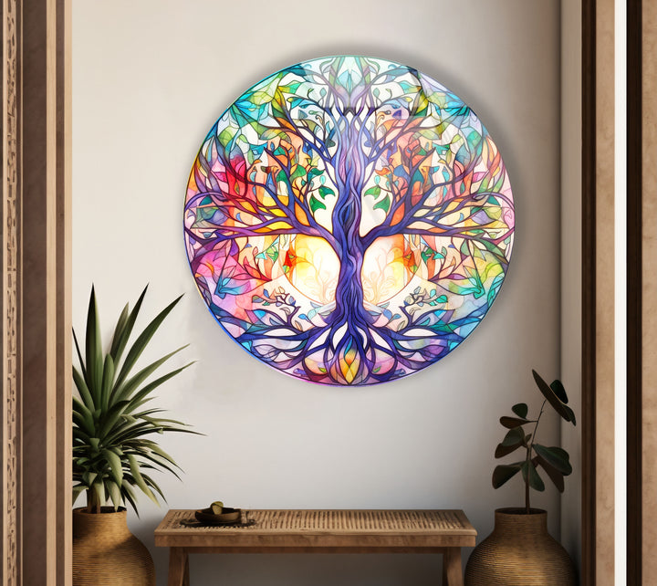Rainbow Tree of Life Round Wall Art – Stained Glass Style Glass Decor
