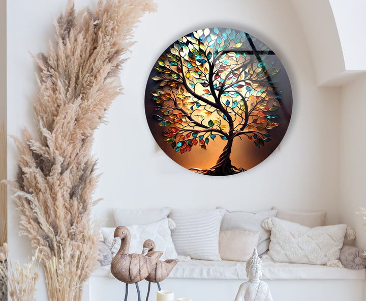 Brown Life of Tree Round Glass Wall Art picture on glass wall art, photos printed on glass